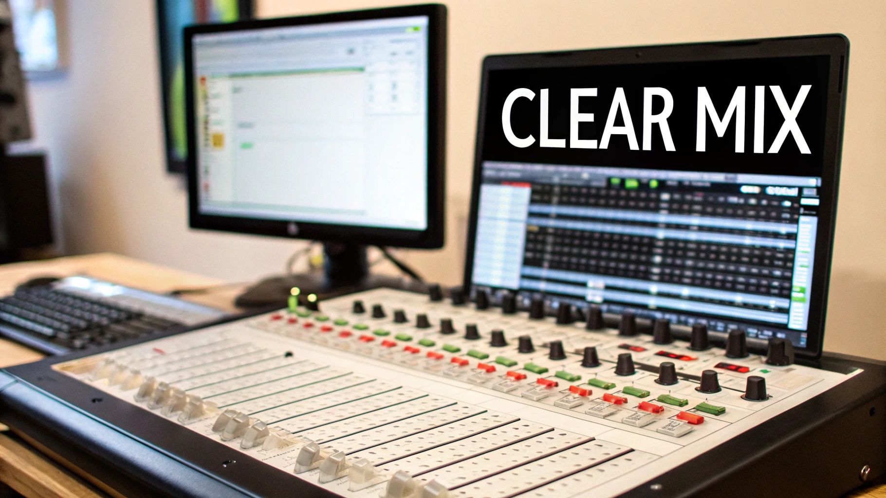 A professional audio mixing console setup with a laptop showing 'CLEAR MIX' and a desktop monitor.