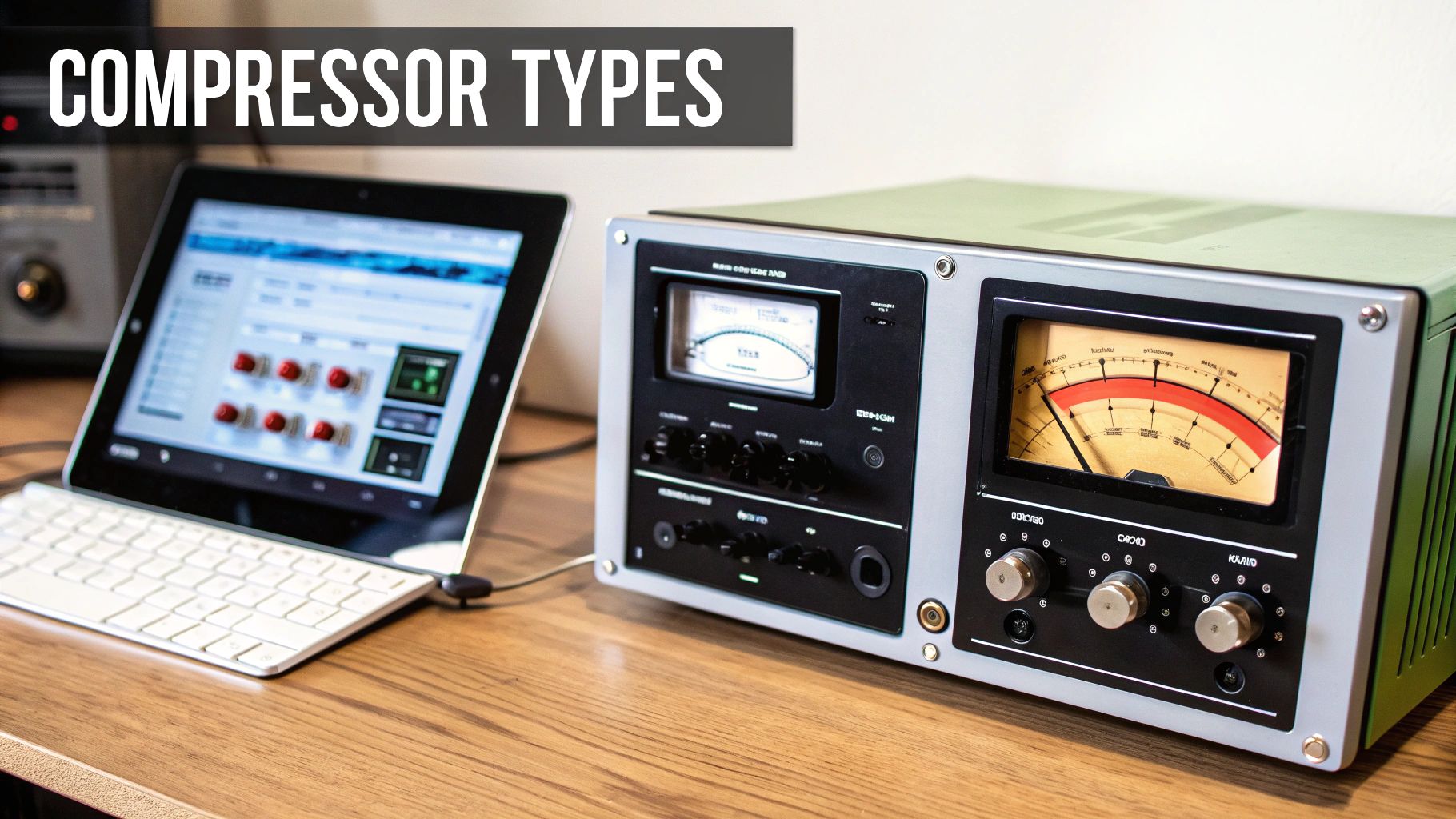 A professional audio compression setup featuring a hardware unit, a tablet displaying a software interface, and a keyboard on a wooden desk.