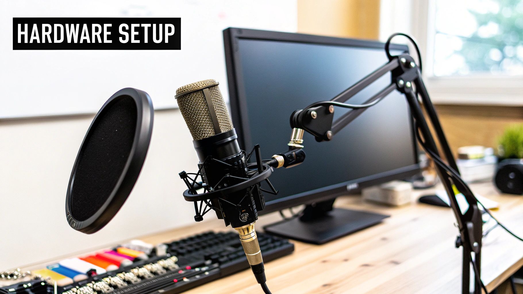 A modern studio microphone set up on a desk with a pop filter and shock mount.