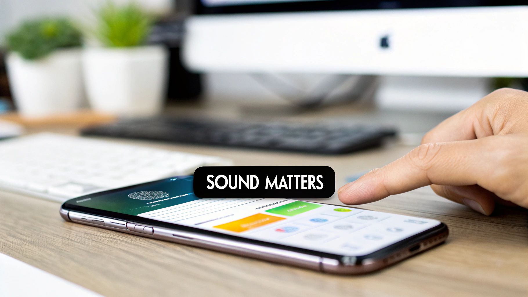 A hand taps a smartphone screen displaying an app, with 'SOUND MATTERS' text overlay on a desk.