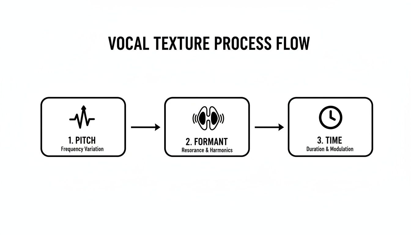 A diagram illustrating the vocal texture process flow with three steps: Pitch, Formant, and Time.