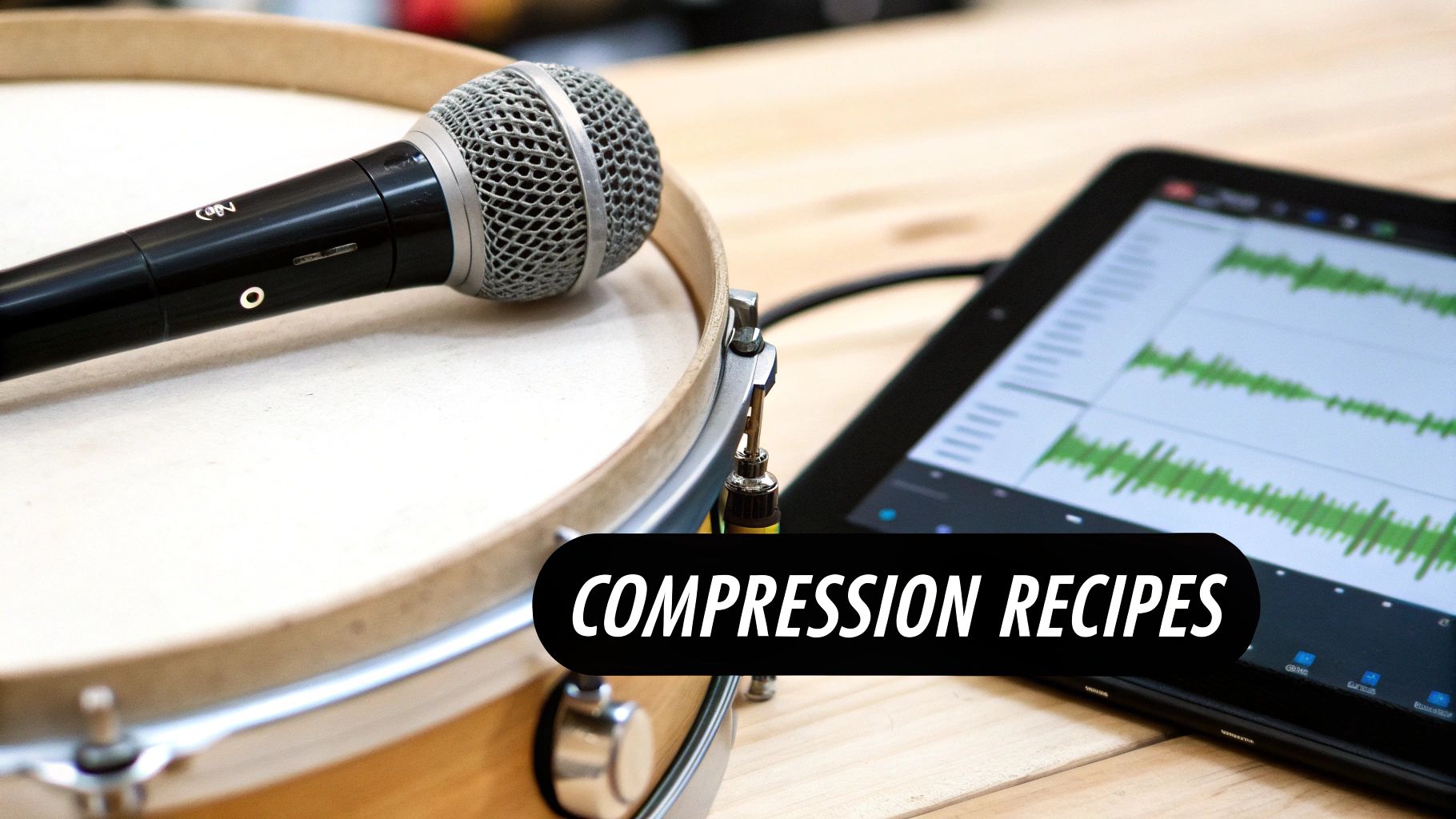 A microphone on a drum connected to a tablet displaying audio waveforms with 'COMPRESSION RECIPES' text.