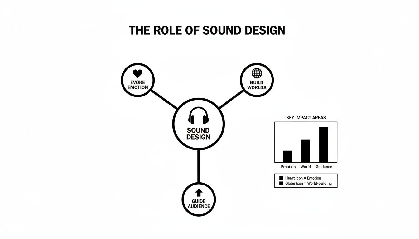 Diagram showing the three key roles of sound design: evoke emotion, build worlds, and guide audience.