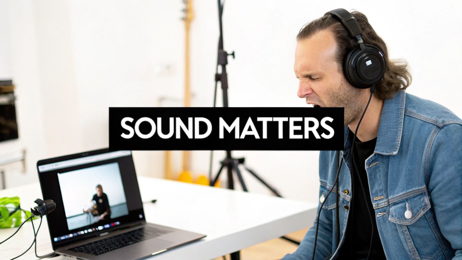 A man in headphones screams while watching a video on a laptop with 'SOUND MATTERS' text.