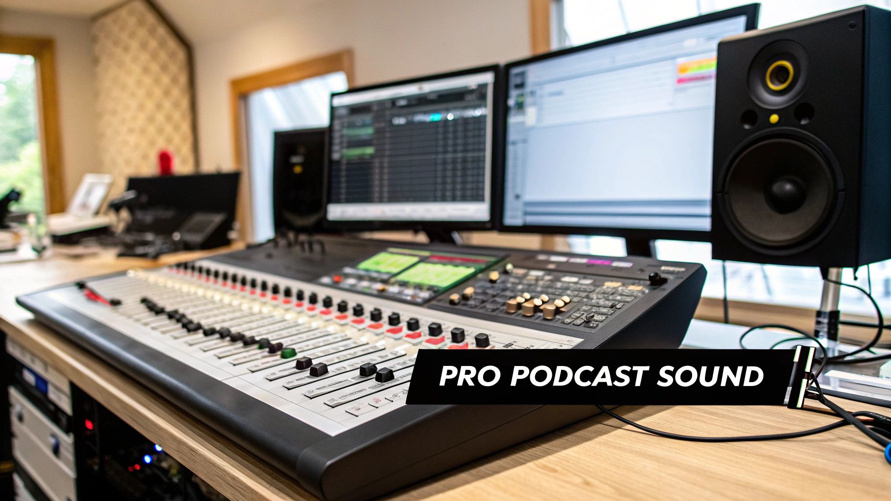 A person's hands editing podcast audio on a laptop with headphones and a microphone nearby