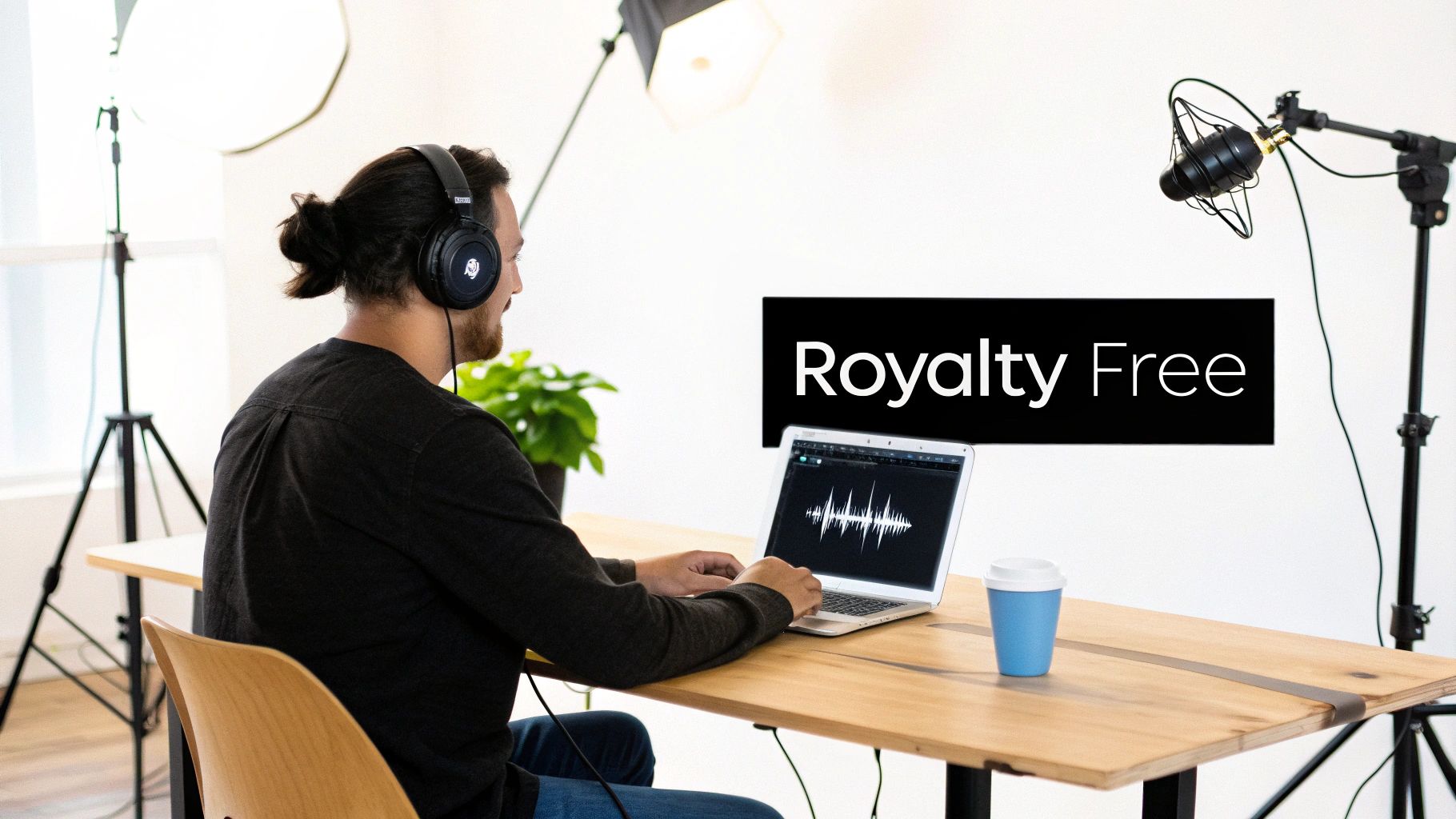 A music producer working on a soundboard with headphones on