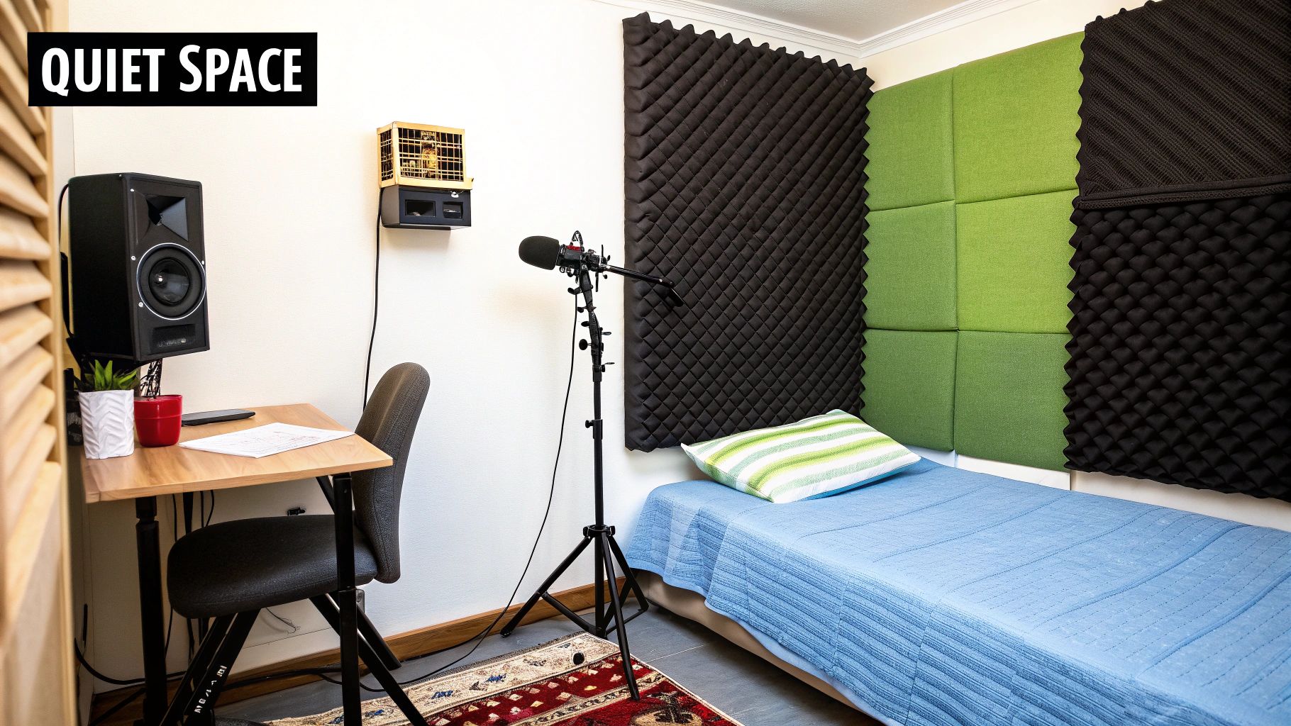 A professional microphone setup in a home studio with soft lighting.
