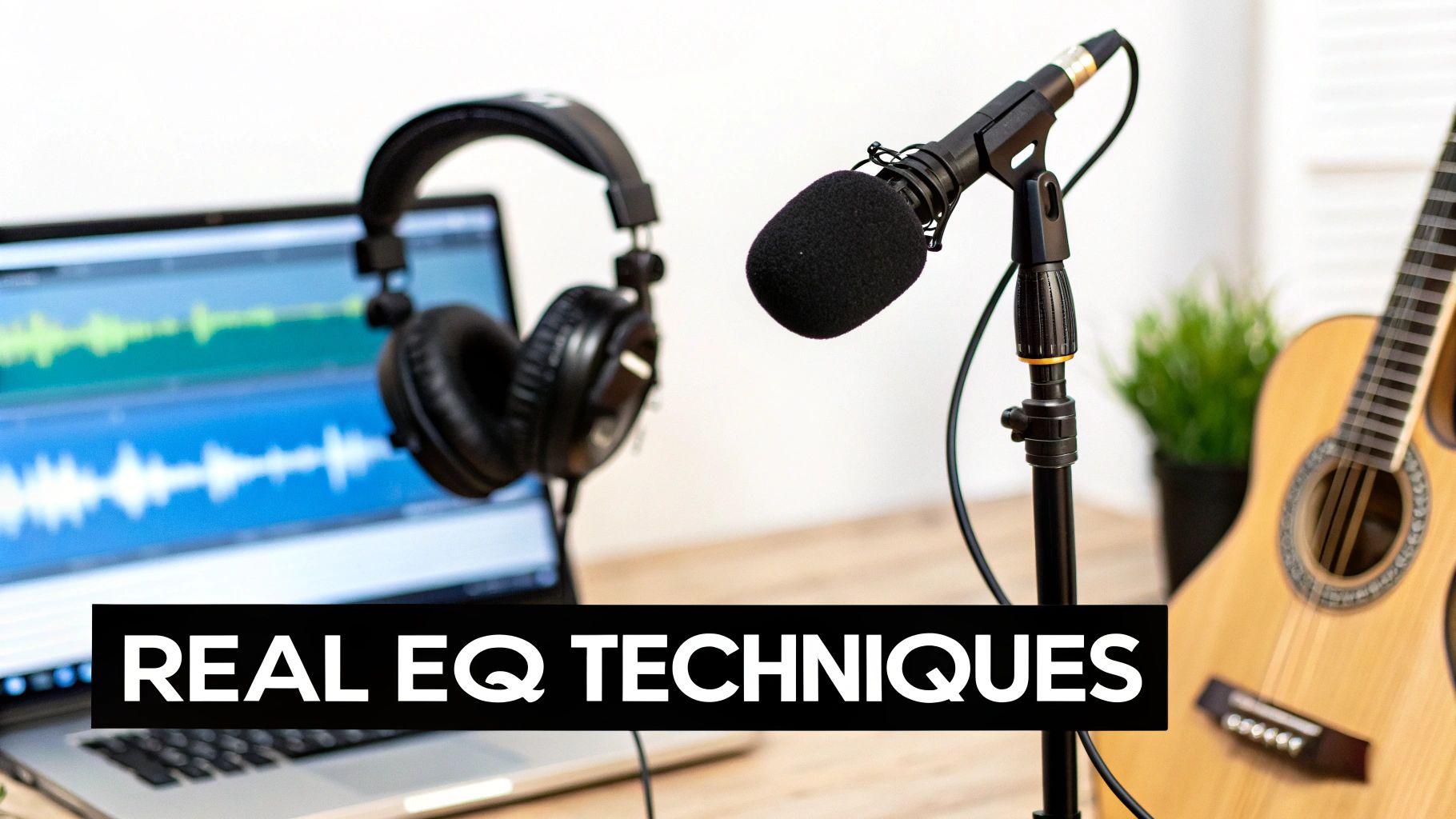 A professional audio recording setup with a microphone, headphones, laptop displaying waveforms, and acoustic guitar.