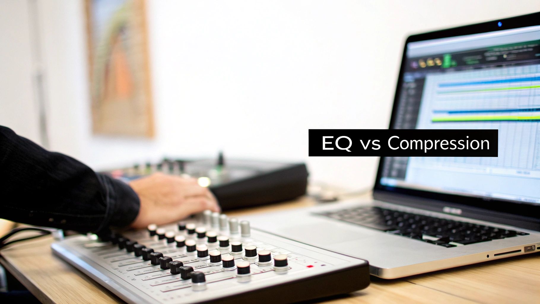 Hands adjusting faders on a sound mixer next to a laptop with music software, discussing EQ vs Compression.