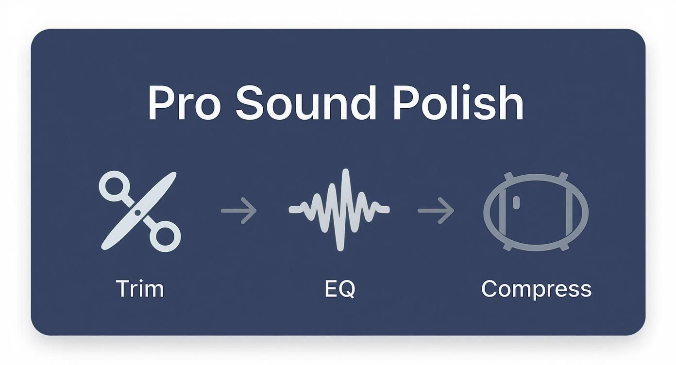 Graphic illustrating 'Pro Sound Polish' workflow: trim, EQ, and compress sound using dedicated tools.