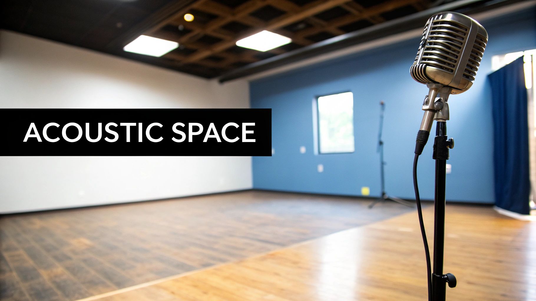 A vintage microphone stands in an empty acoustic space with wooden floors, blue walls, and ceiling lights.