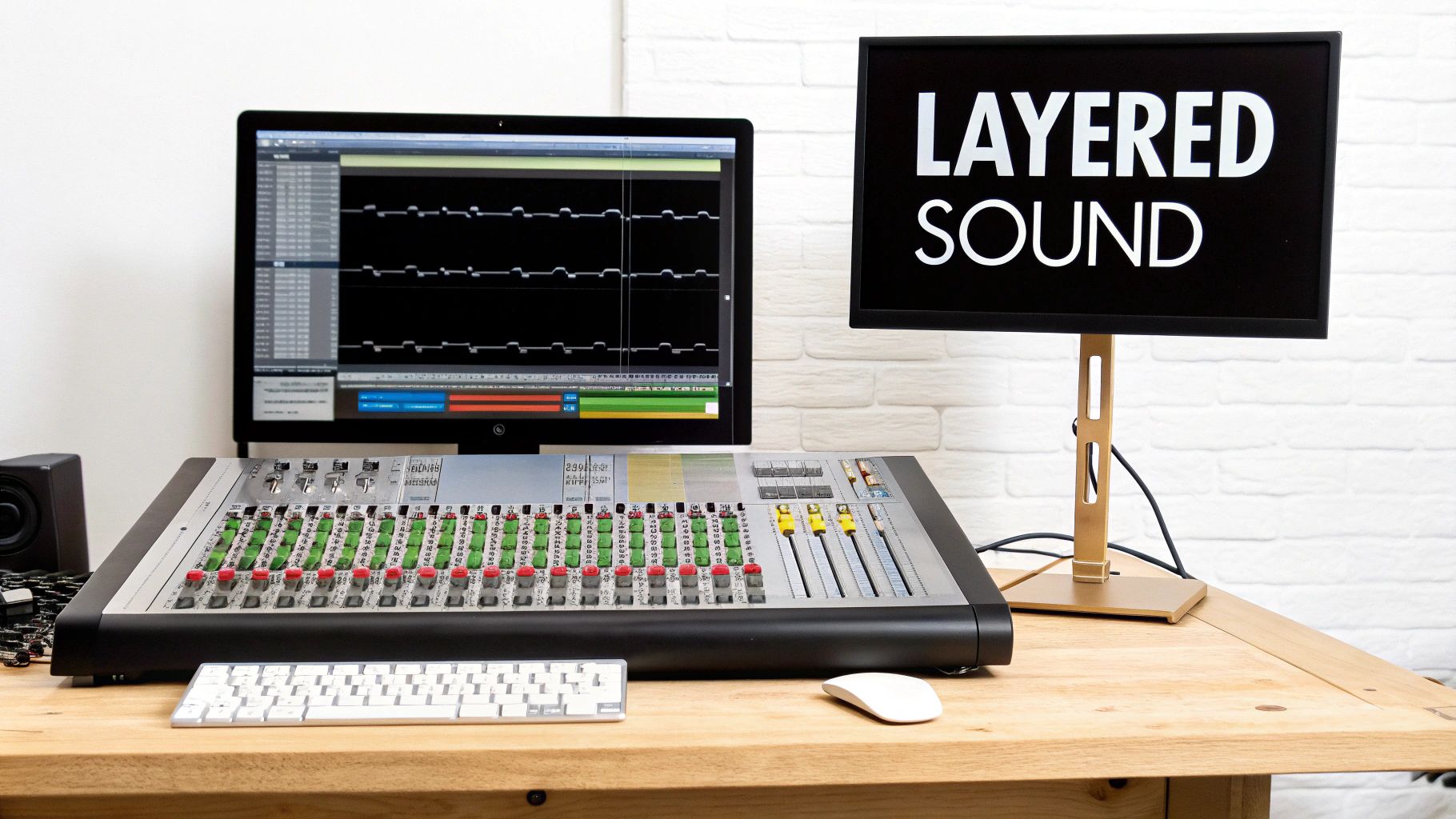 A home sound studio setup with two monitors, a large mixing board, keyboard, and mouse on a wooden desk.