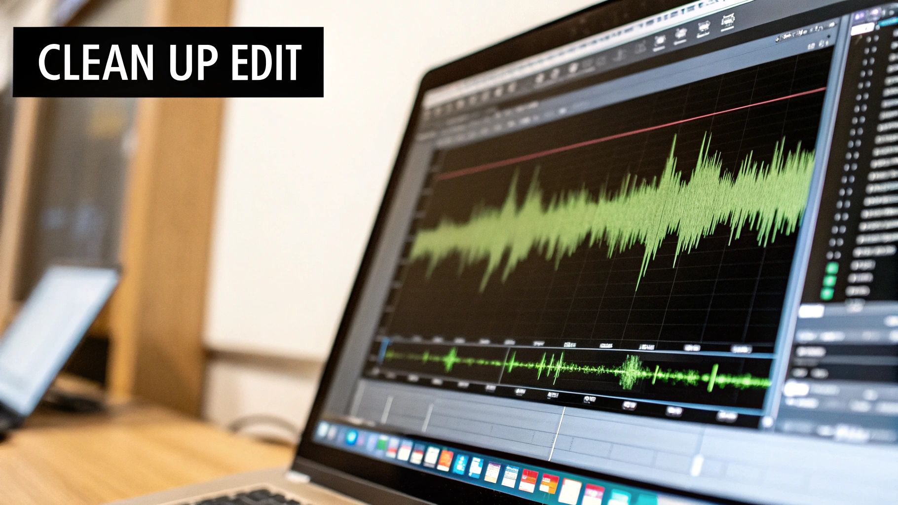 Waveform of podcast audio being edited on a computer screen