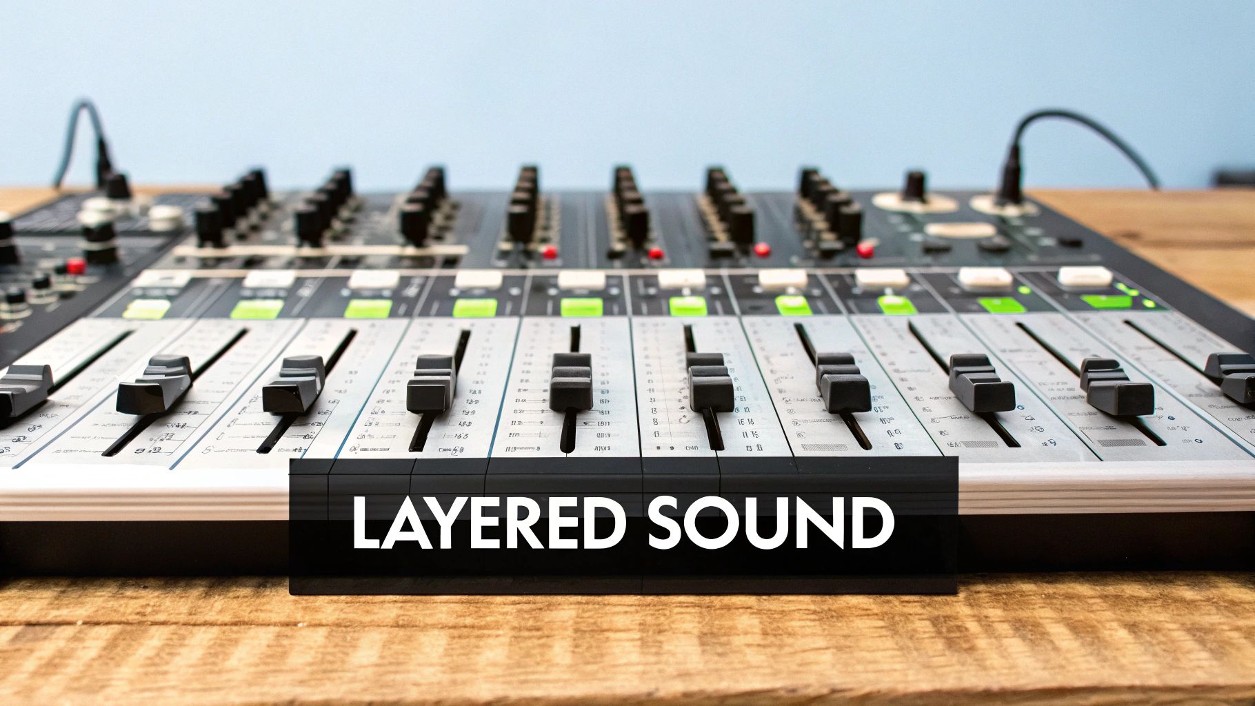 A close-up of a sound mixing console on a wooden table, with faders and knobs, featuring the text 'LAYERED SOUND'.