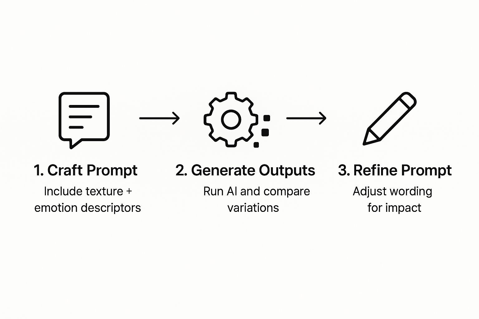 Infographic detailing the process of crafting and refining AI sound effect prompts, showing a flow from crafting with texture, generating variations, and refining for impact.