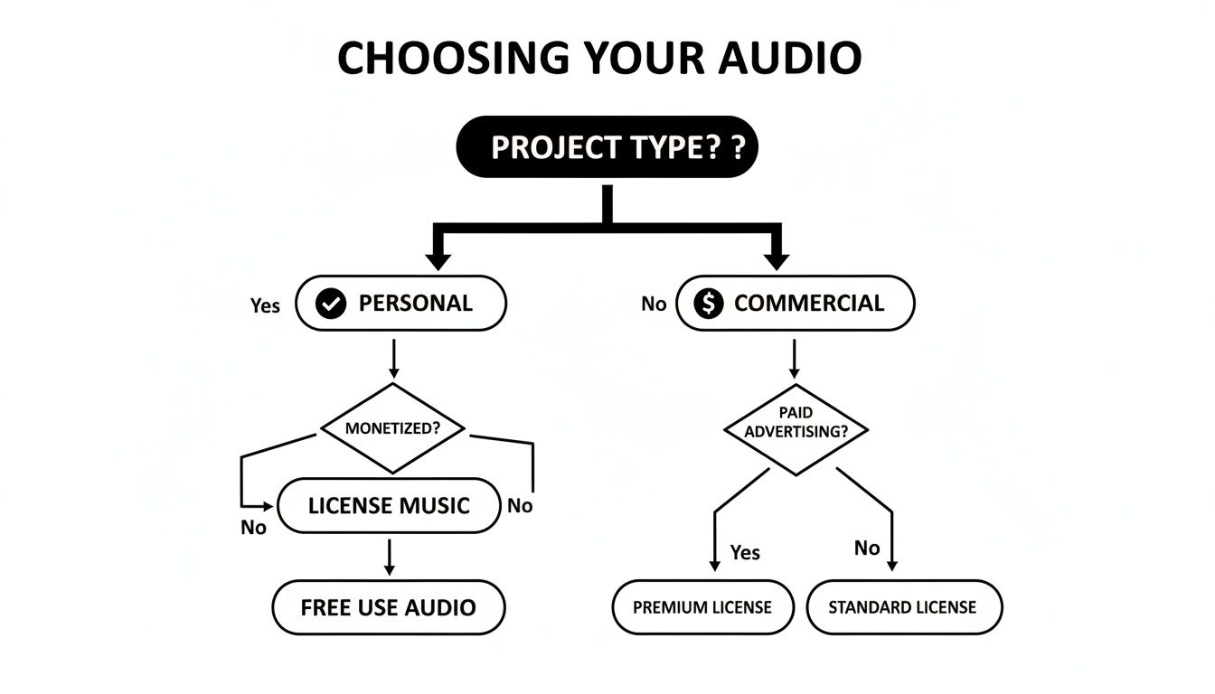Flowchart guiding users on choosing audio licenses based on project type, monetization, and advertising needs.