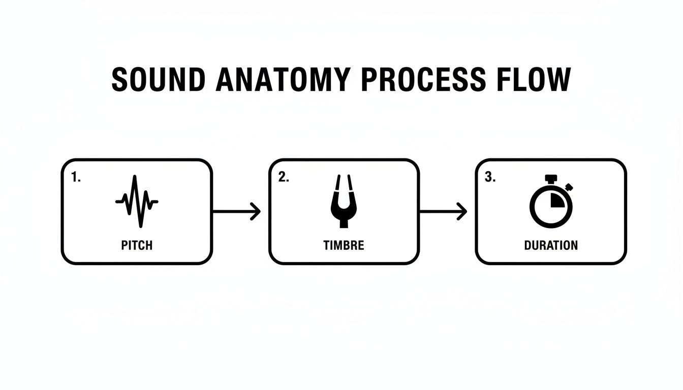 Flowchart illustrating the sound anatomy process: Pitch, Timbre, and Duration, shown sequentially.