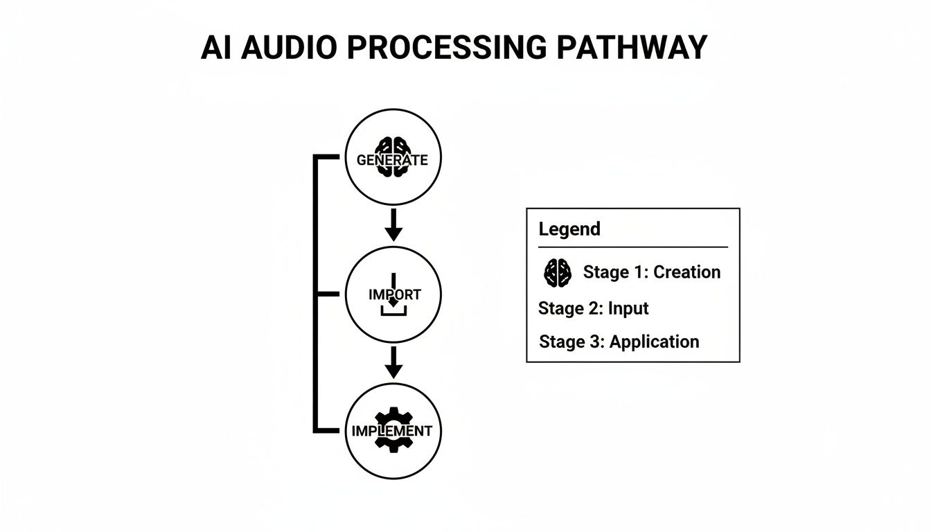 A clear flowchart illustrating the AI audio processing pathway with stages: Generate, Import, and Implement.