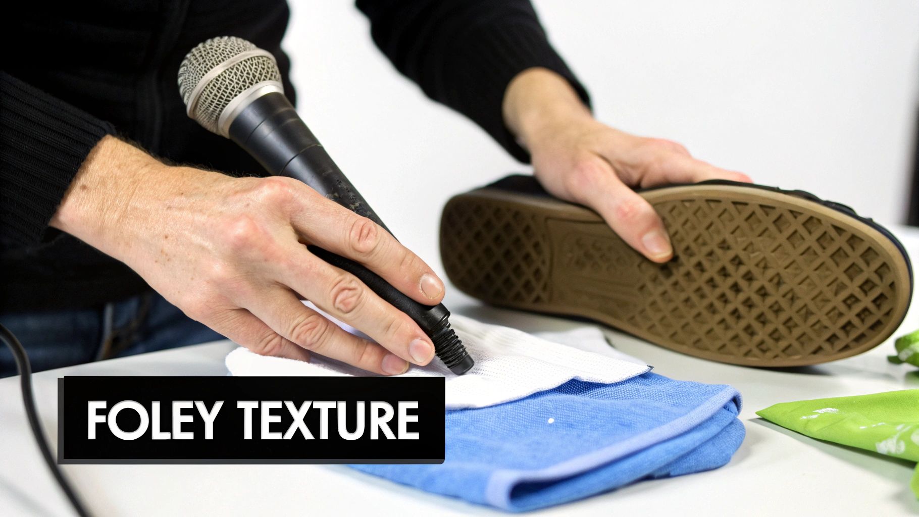 Hands holding a microphone near fabric and a shoe sole for recording foley texture sound effects.
