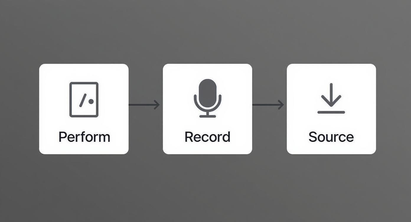 Three-step workflow diagram showing perform, record, and source icons with arrows between them