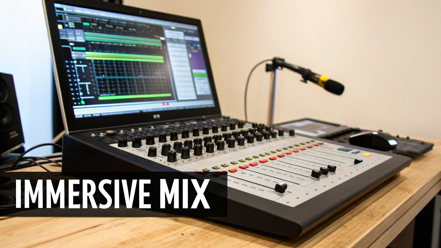 A sound engineer mixing audio on a large console in a professional studio, with game visuals on a screen in the background.