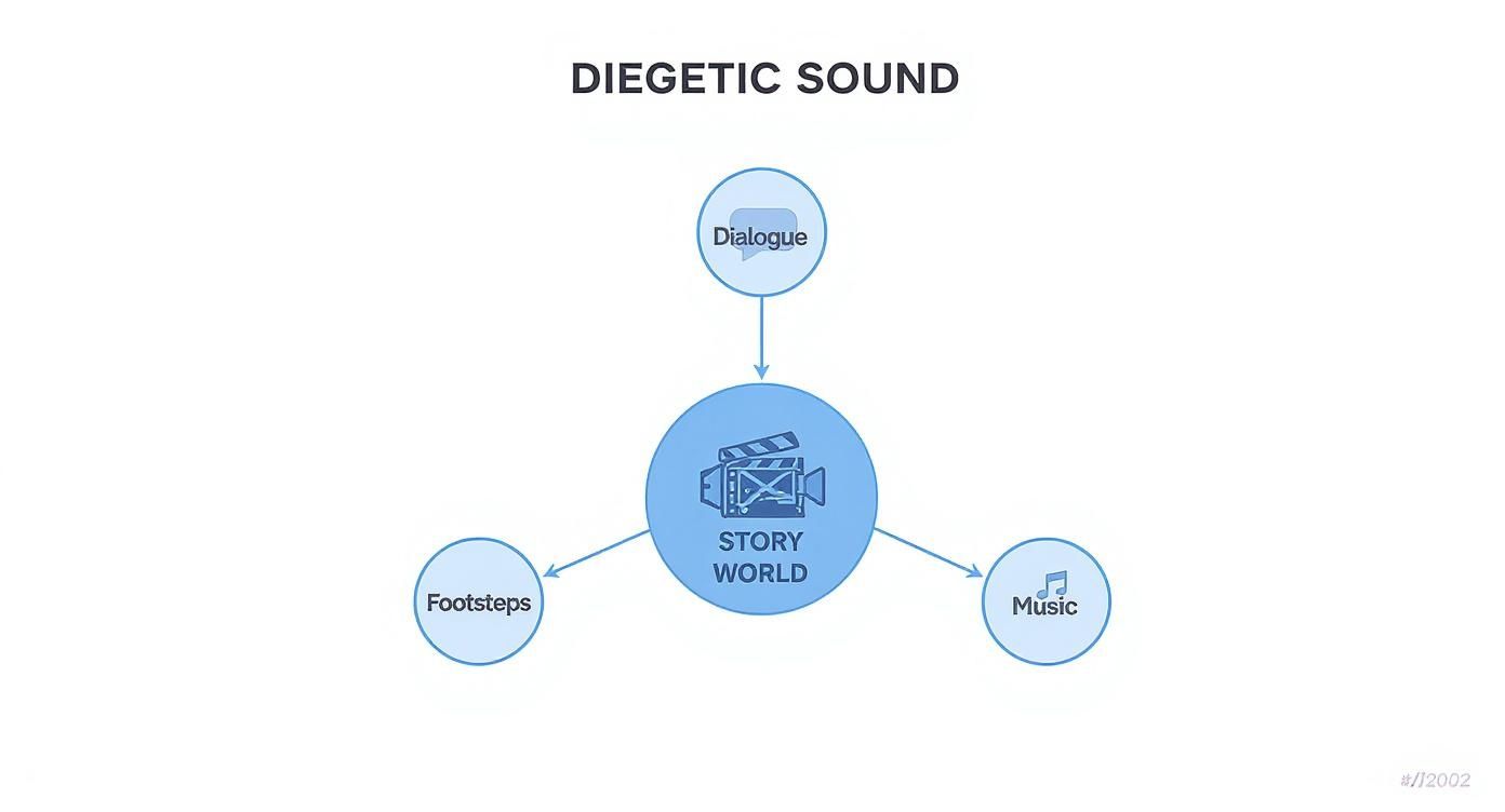 Diegetic sound diagram showing story world center with dialogue, footsteps, and music components connected by arrows