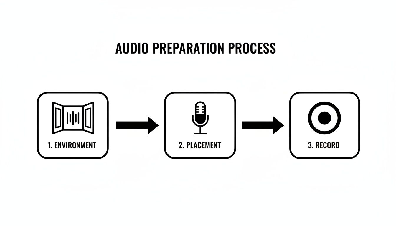An infographic illustrating the three-step audio preparation process: environment, microphone placement, and recording.