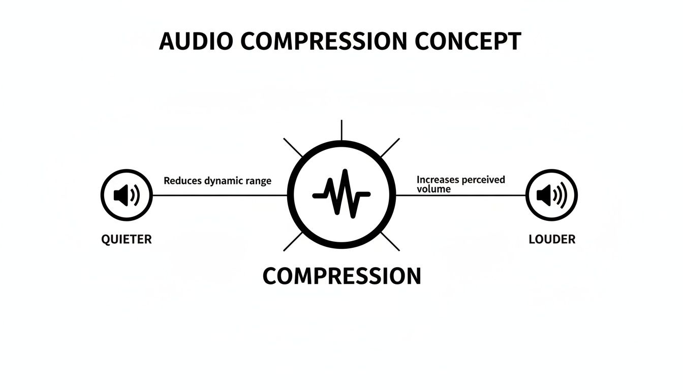 Diagram illustrating audio compression, showing how it reduces dynamic range and increases perceived volume.