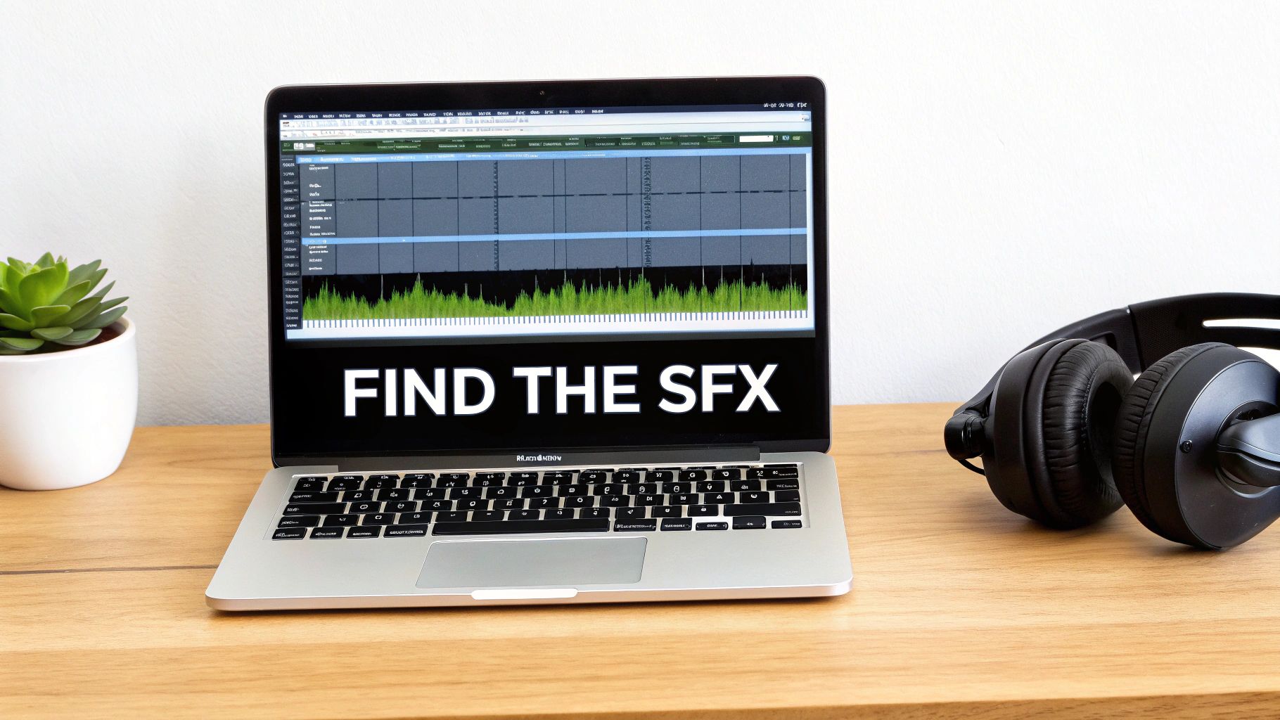 A laptop displaying audio software and 'FIND THE SFX', with headphones on a wooden desk.