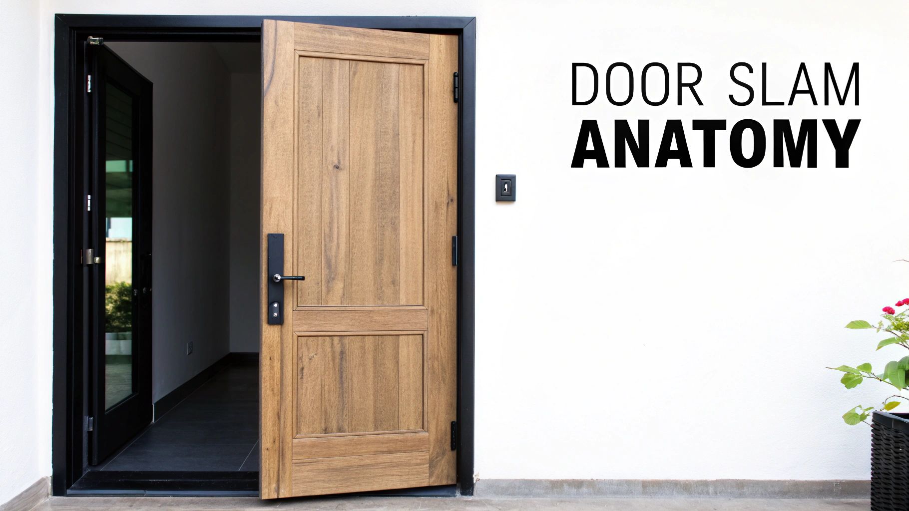 Modern wooden entrance door with black frame open showing interior hallway and door slam anatomy text