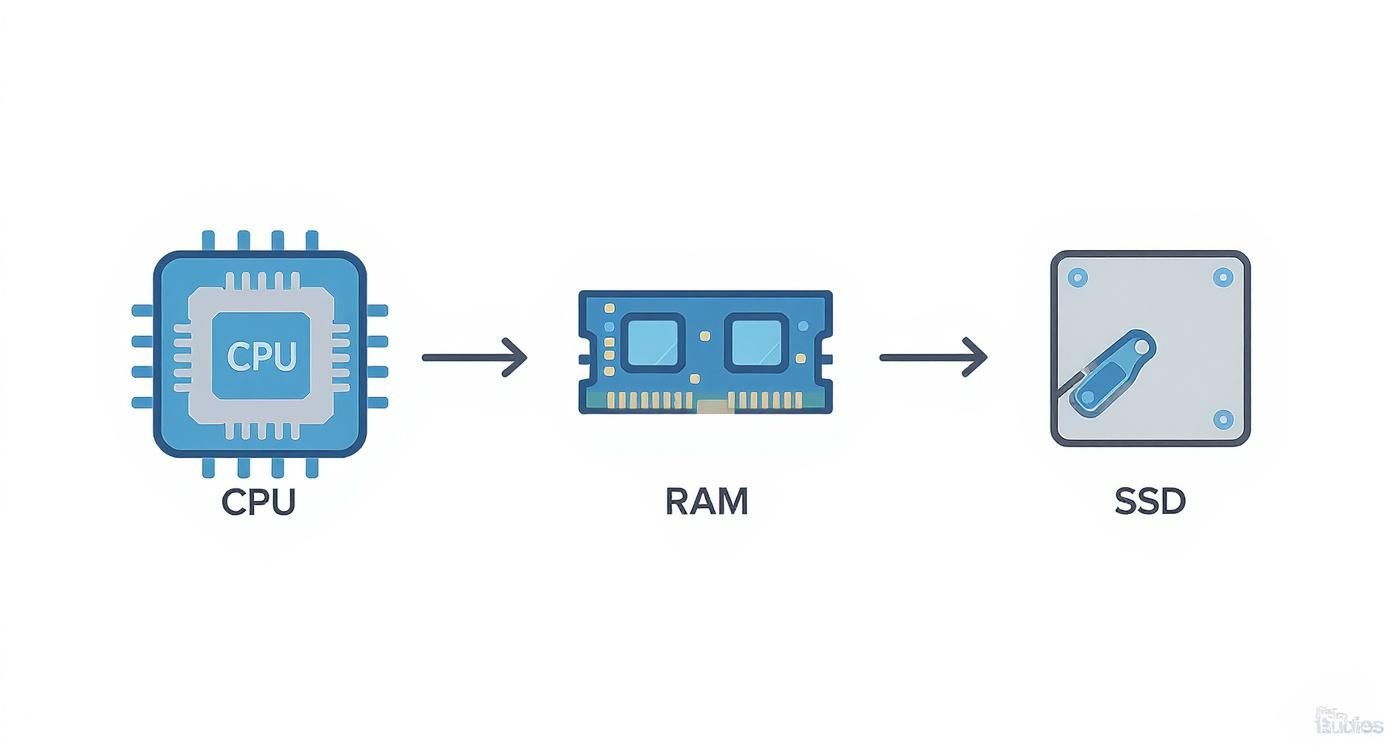 Infographic showing the process flow of building a studio computer with icons for CPU, RAM, and SSD.