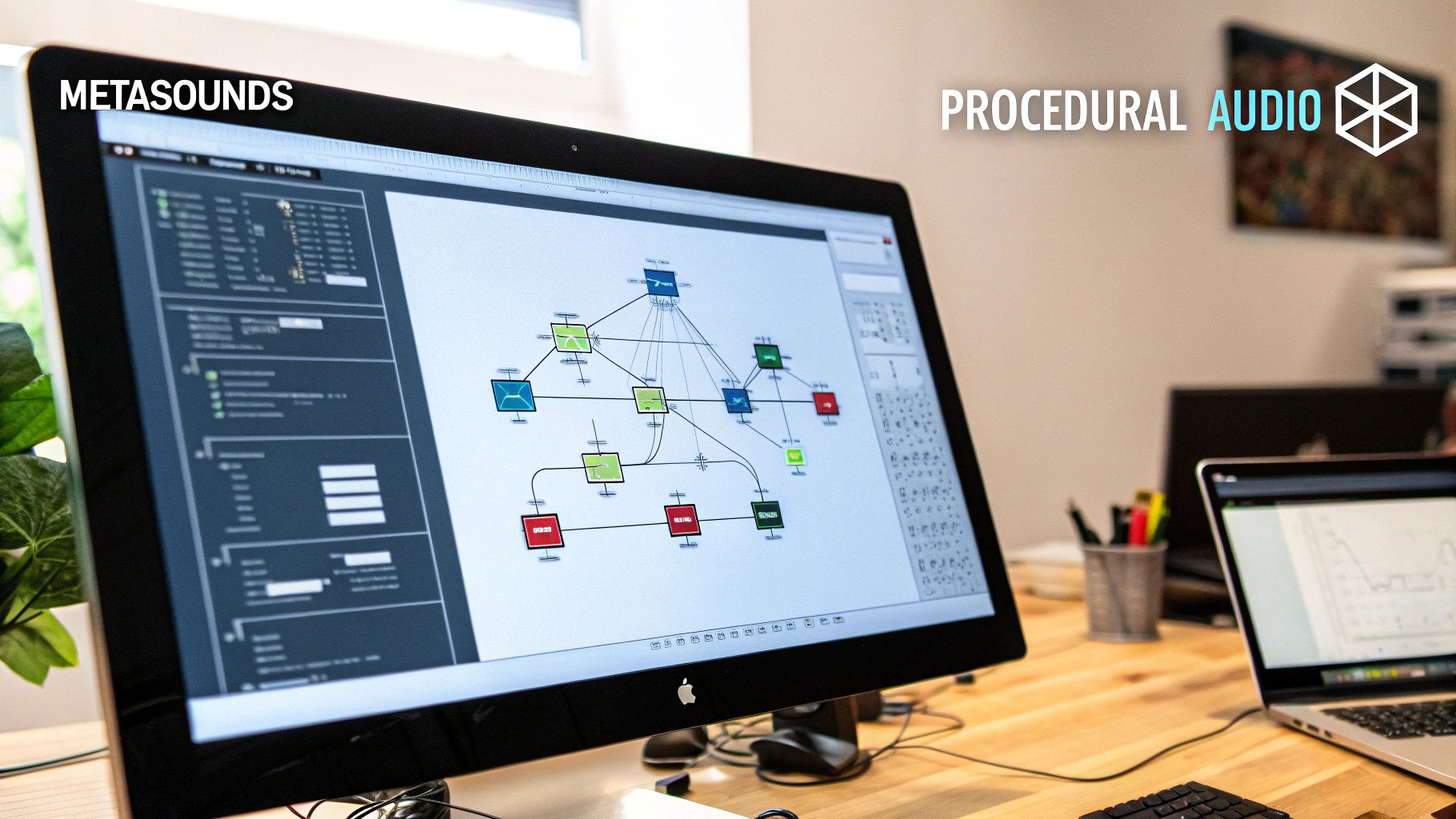 A computer screen displays a node-based procedural audio graph with 'Metasounds' text, showing sound design software.