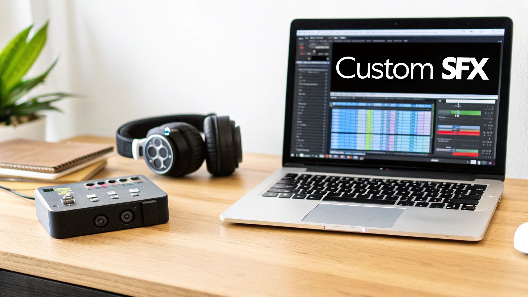 A desk setup featuring a laptop displaying 'Custom SFX' and audio software, with headphones and a mixer.