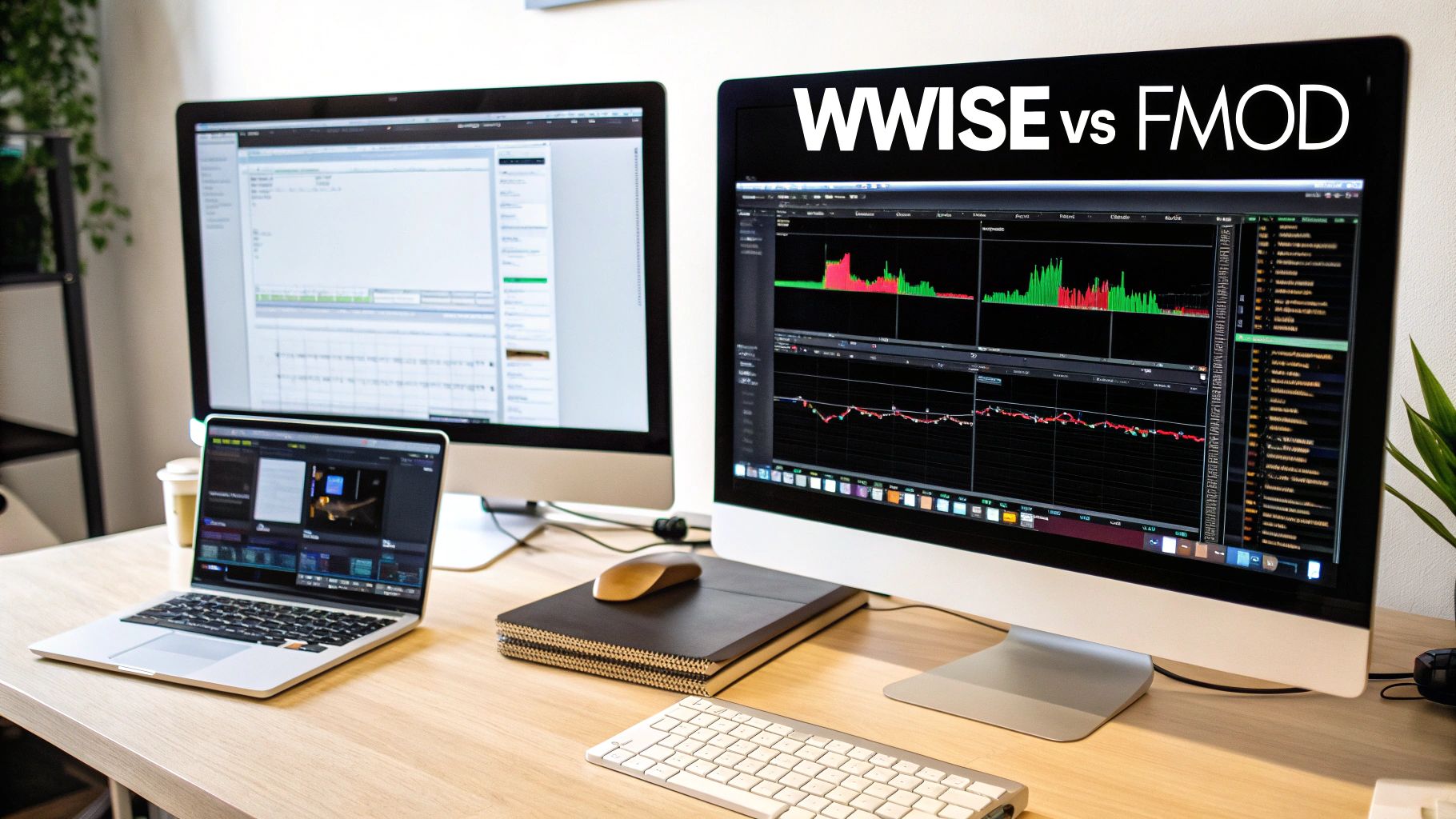 A desk with multiple computer screens displaying audio software, comparing WWISE and FMOD.