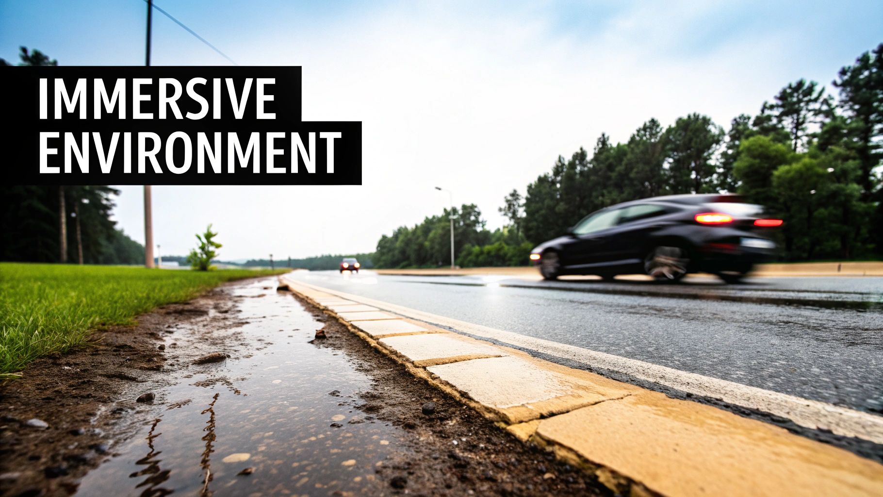 An image showing a car driving on a rain-slicked city street at night, with blurred lights in the background, perfectly illustrating an immersive driving environment.
