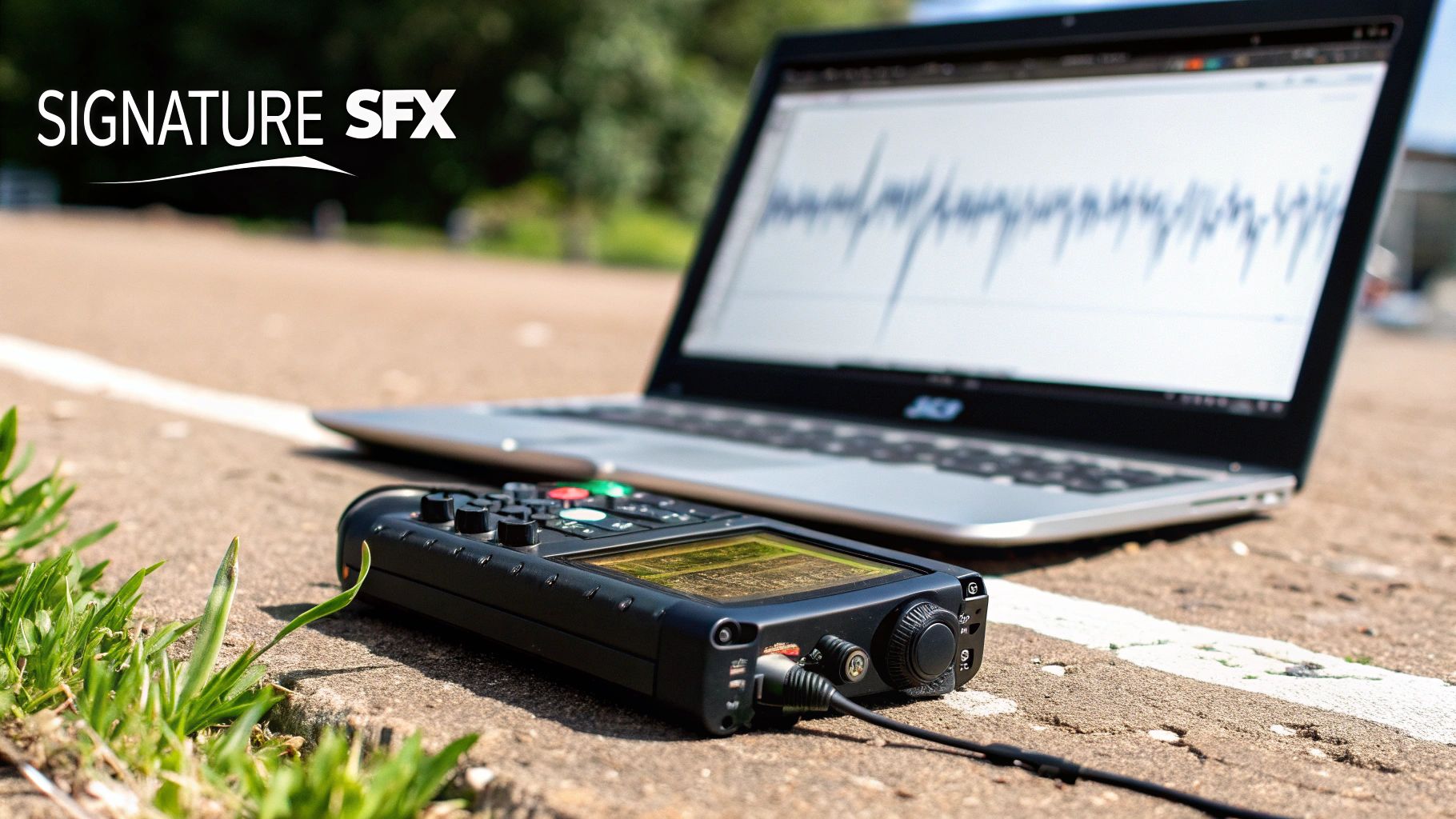 A black professional sound recorder and a laptop displaying a waveform, placed outdoors on a paved surface.