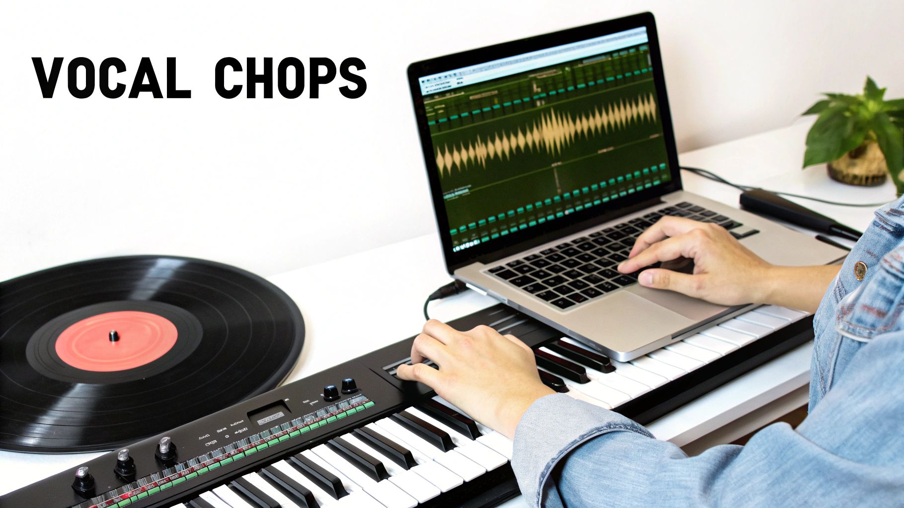 A person produces music with a laptop and MIDI keyboard, featuring a vinyl record.