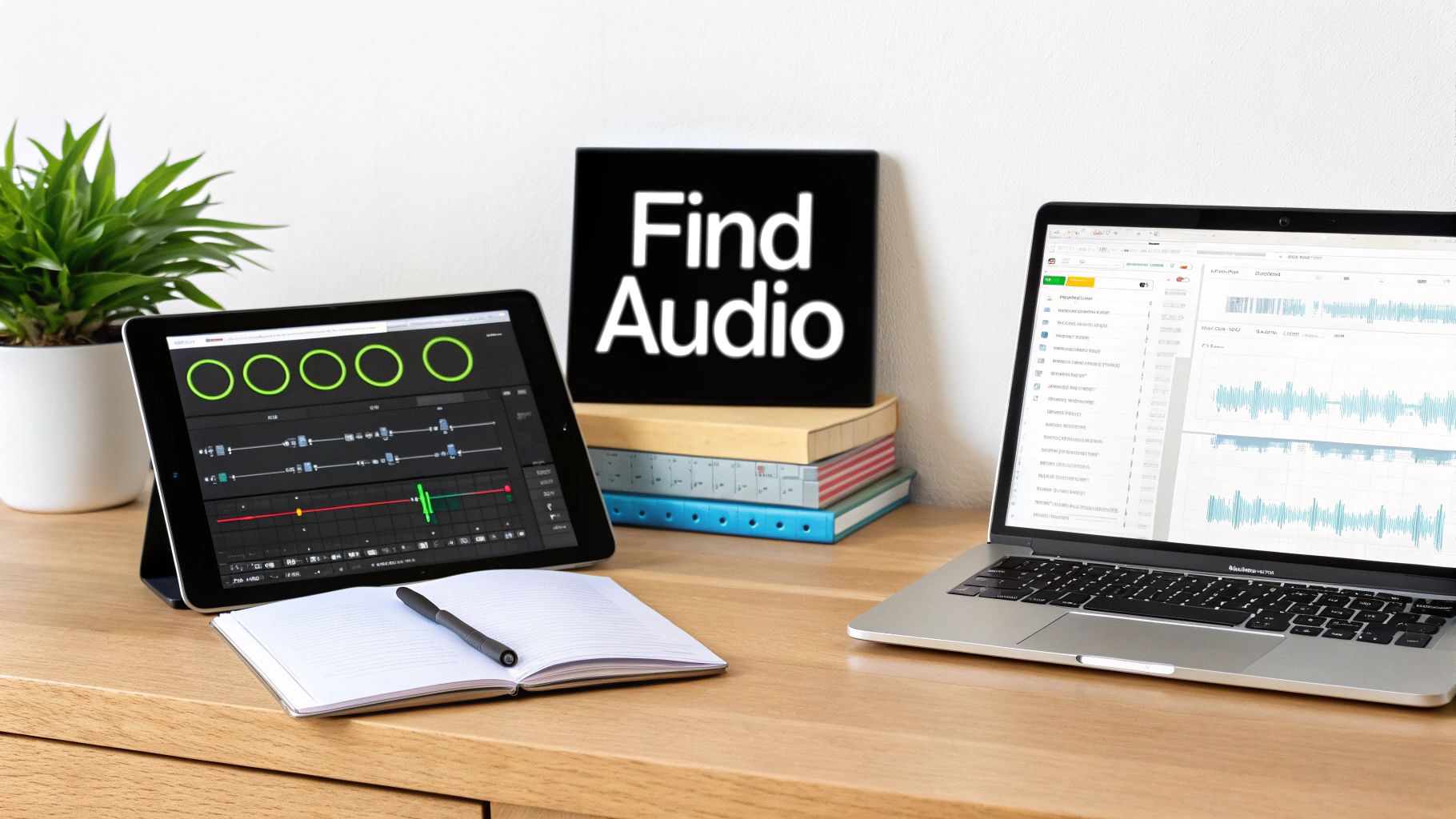 A person's hands on a laptop keyboard, browsing an audio library on the screen.