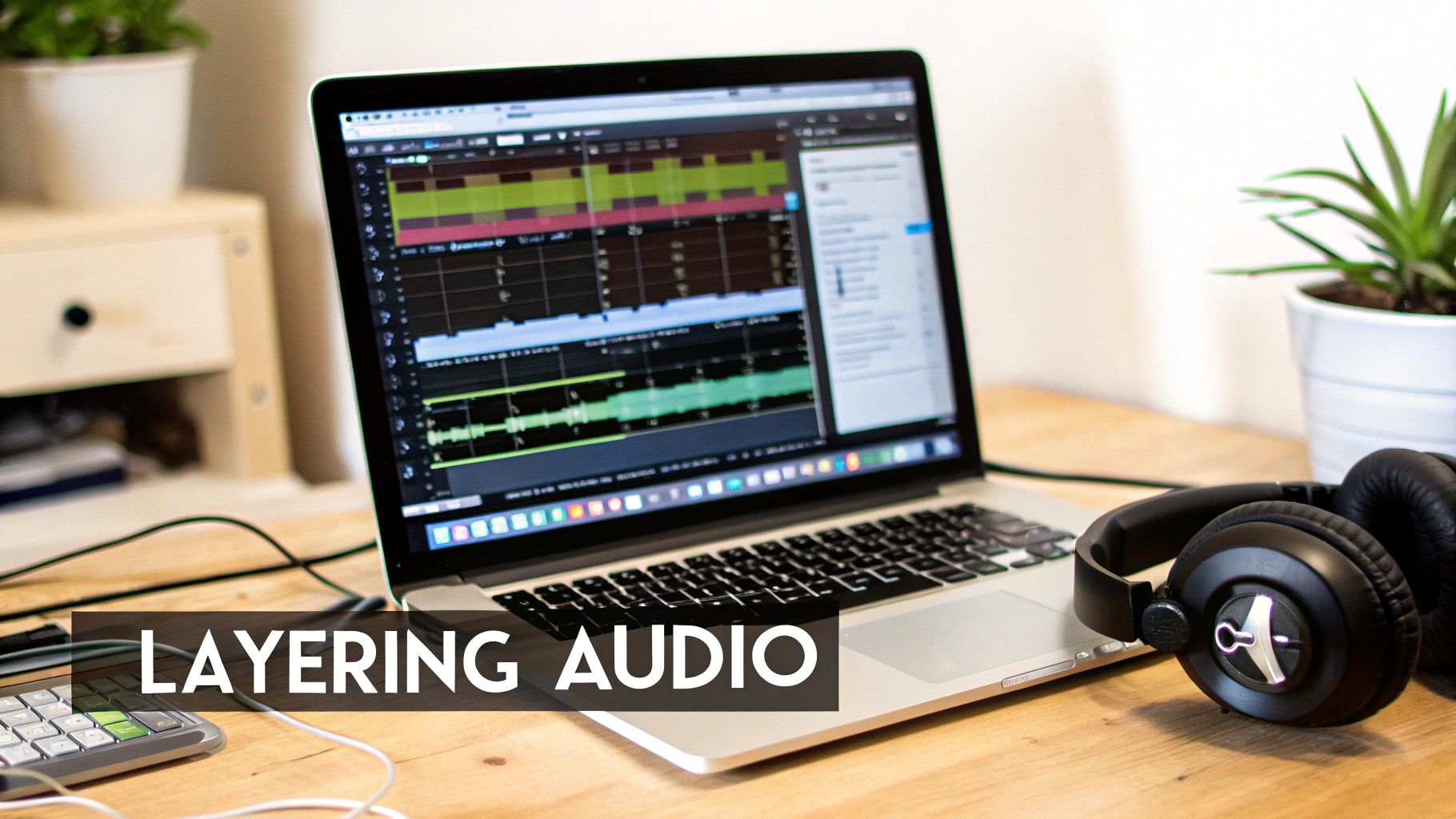 A digital audio workstation interface showing multiple audio tracks with waveforms, representing a sound design project.