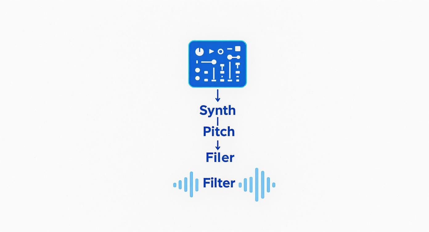 Audio signal chain diagram showing synthesizer flow through pitch adjustment and filter processing stages