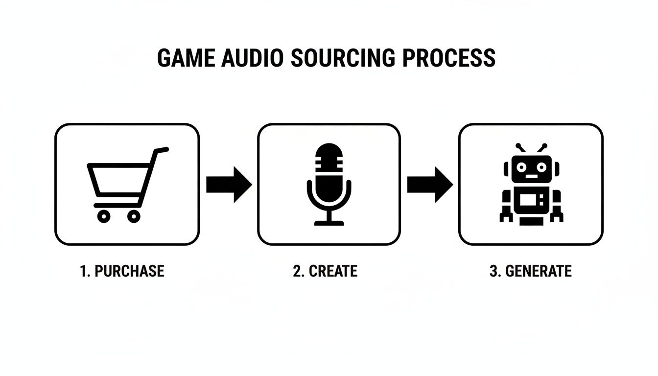 Flowchart illustrating the three steps of game audio sourcing: purchase, create, and generate sounds.