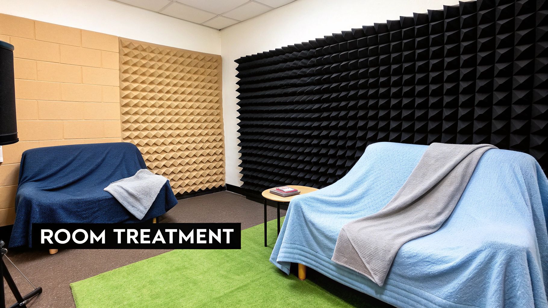 A quiet home recording space with acoustic foam panels on the wall and a microphone on a desk.