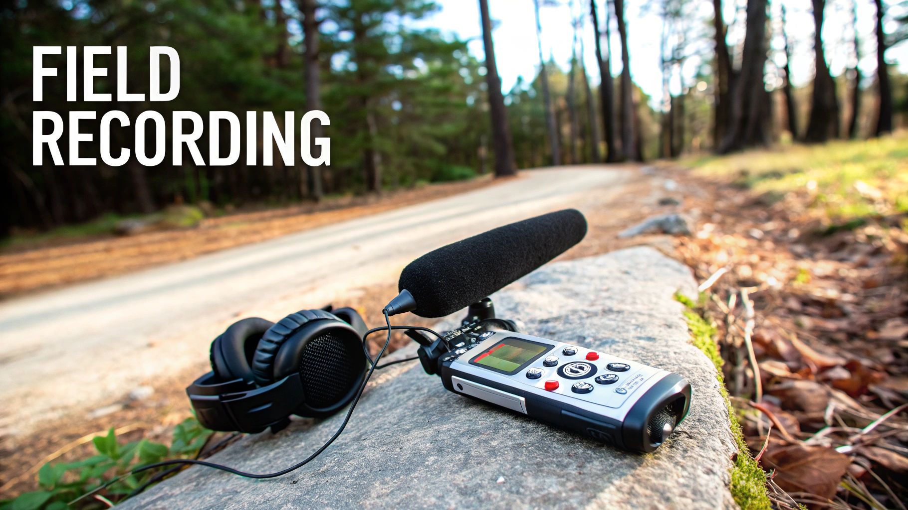 Field recording setup with a microphone, digital recorder, and headphones on a rock in a forest.