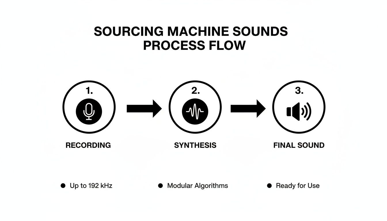 A three-step process flow for sourcing machine sounds: recording, synthesis, and final sound production.
