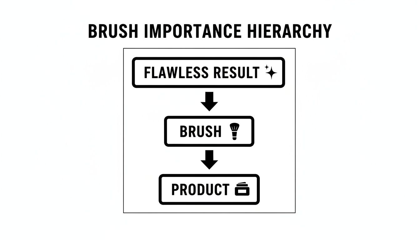 Diagram illustrating the brush importance hierarchy for a flawless makeup result: brush then product.