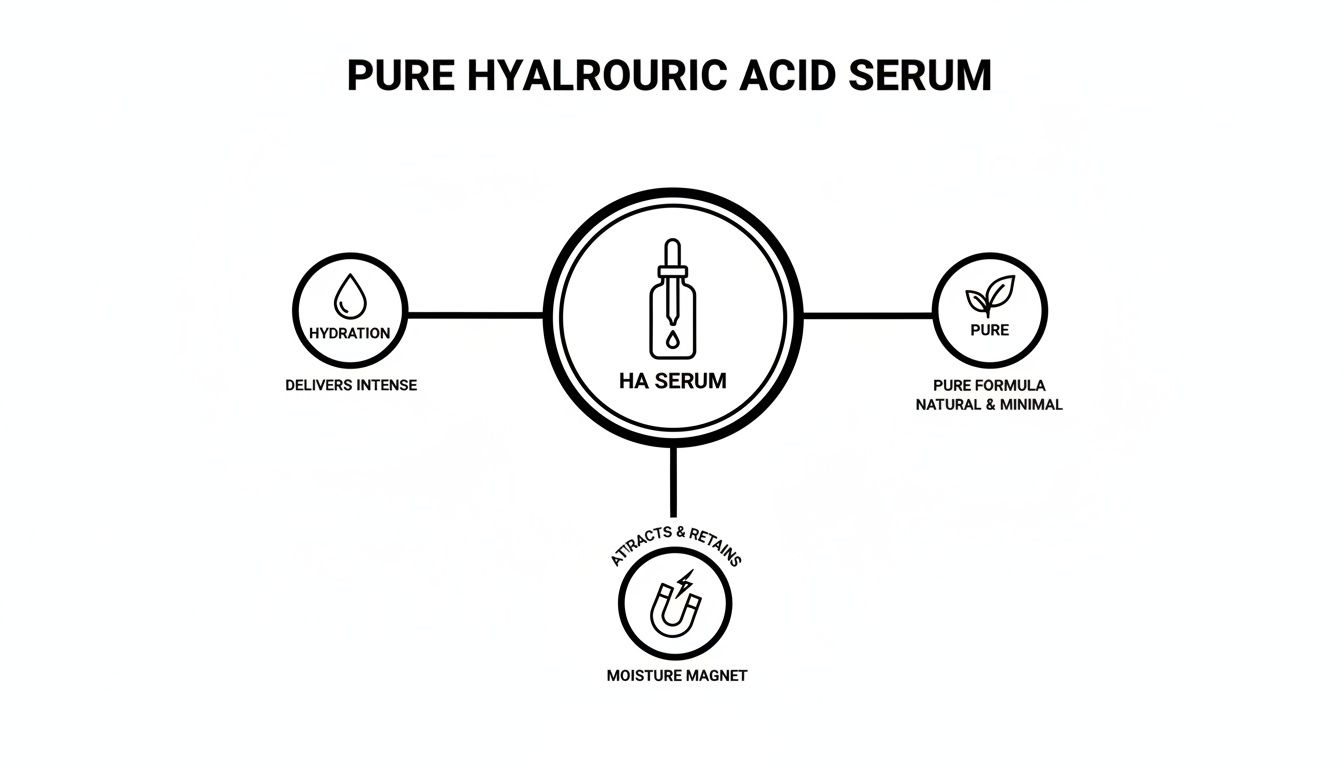 An infographic detailing the benefits of Pure Hyaluronic Acid Serum, highlighting intense hydration, pure formula, and moisture magnet properties.