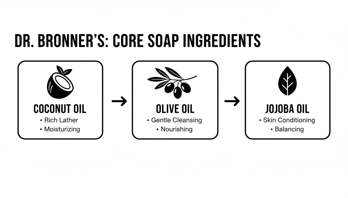 A diagram illustrating Dr. Bronner's core soap ingredients: coconut oil, olive oil, and jojoba oil, with their benefits.