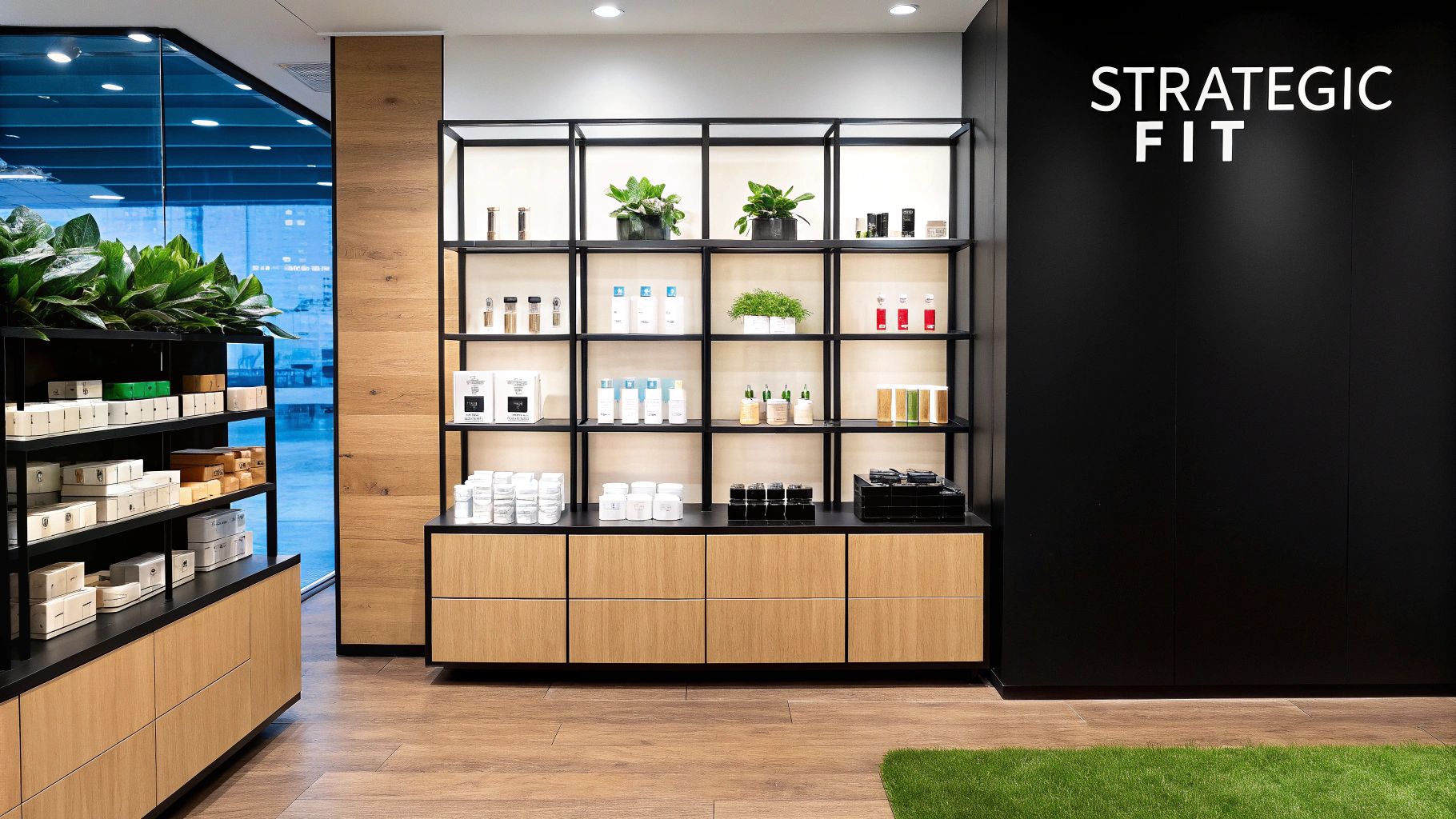 A modern retail store interior featuring product displays, green plants, and a black wall with 'STRATEGIC FIT' text.