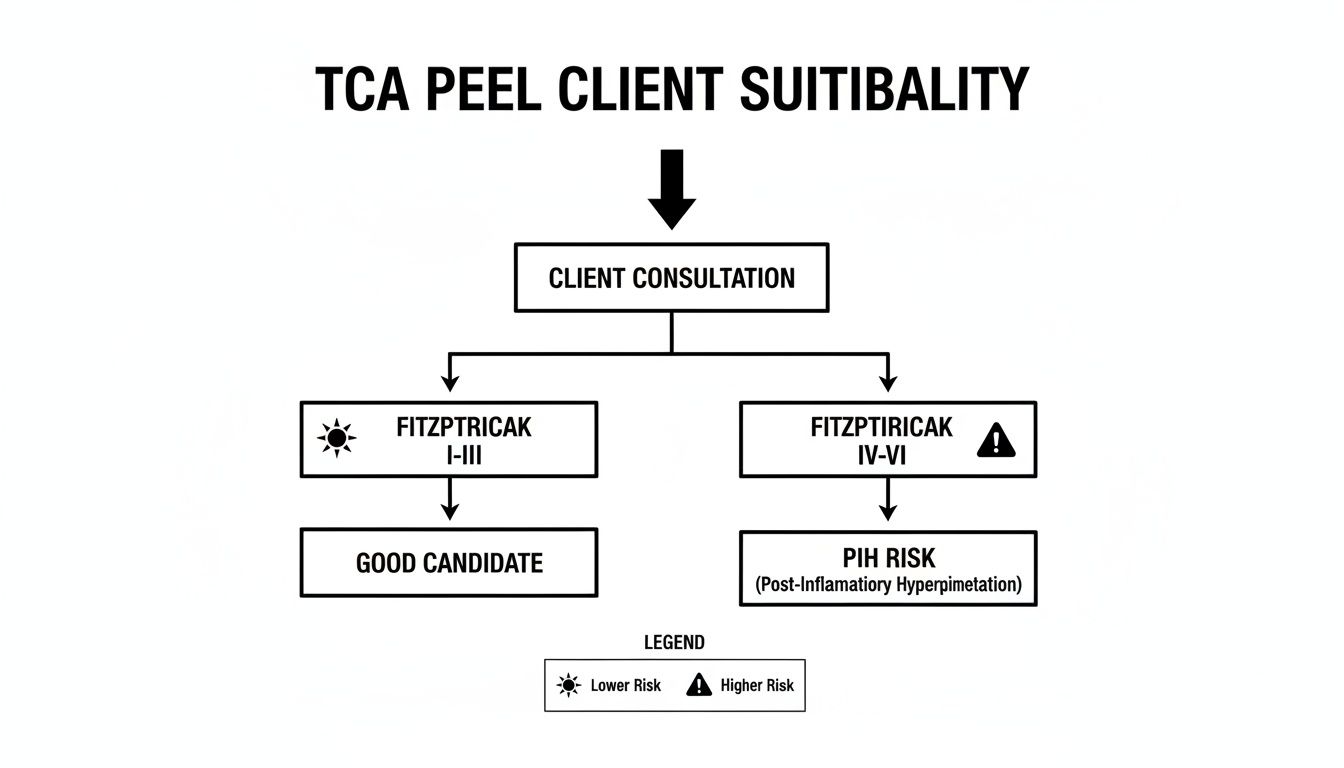 Flowchart detailing TCA peel client suitability based on Fitzpatrick skin types, indicating good candidates and PIH risk.