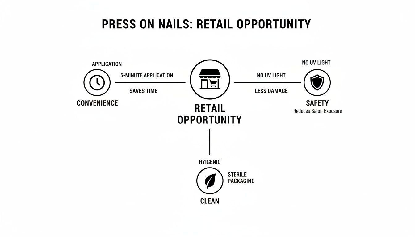 Diagram illustrating press-on nails retail opportunity with benefits: convenience, safety, and hygiene.